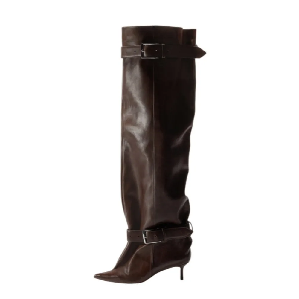 Women Pointed Toe Kitten Heel OvertheKnee Boots Double Buckle Strap Ruched Soft Leather Slouchy Evening Party Dress Footwear