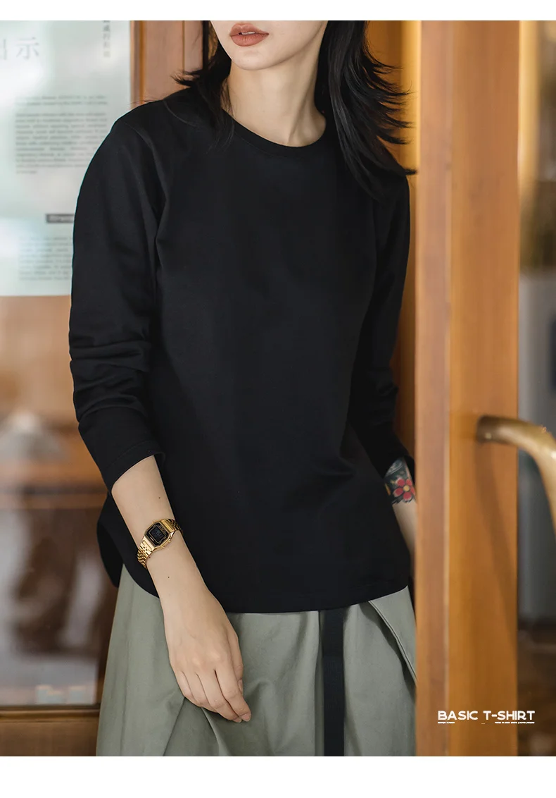 Maden Long Sleeve Basic T-Shirt for Women Round Collar Cotton Tops Loose Fit Solid Color Tees Oversized T-shirts