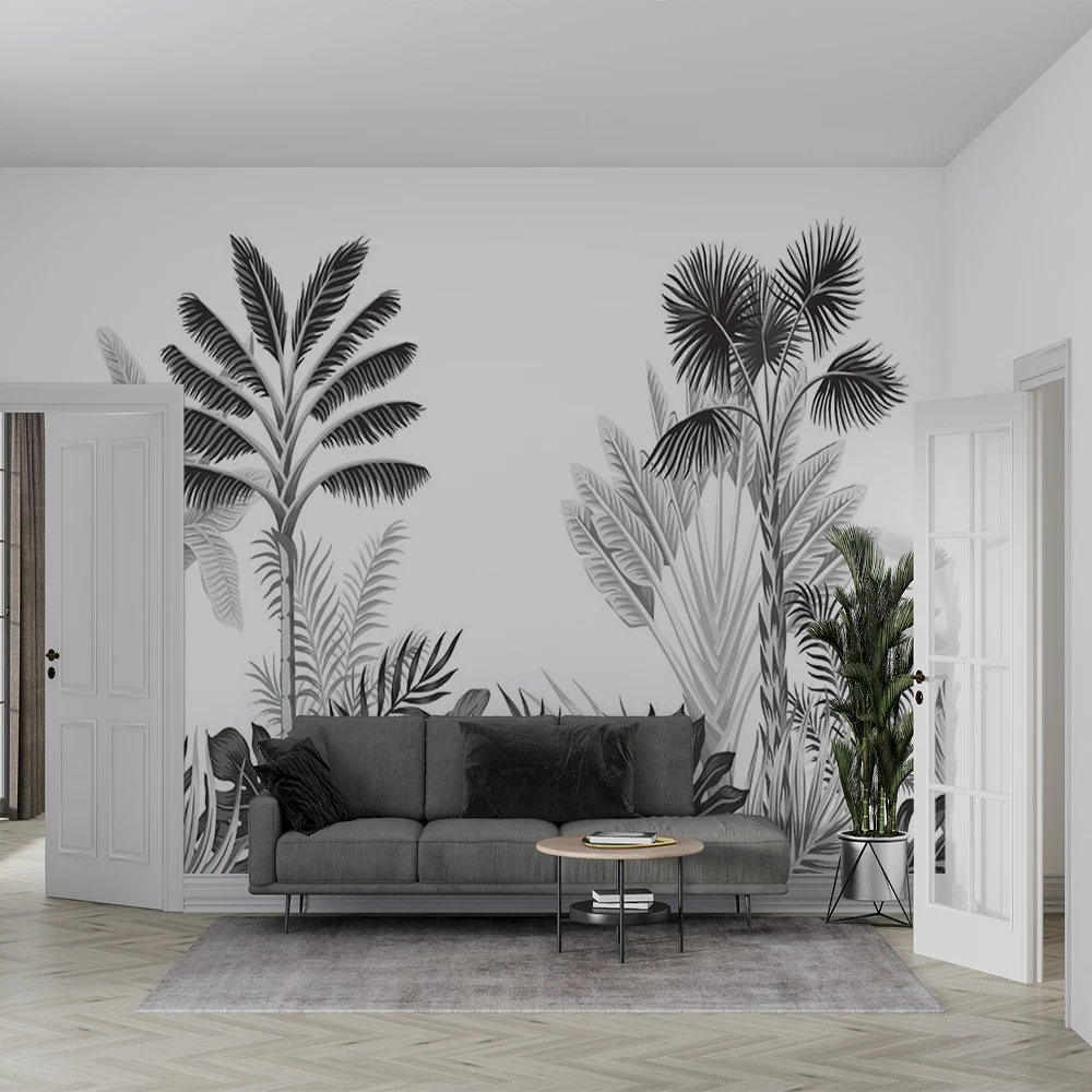 Customized 3D black and white tropical forest living room bedroom wallpaper