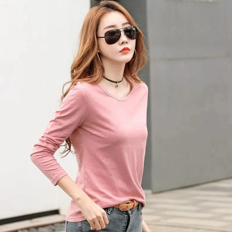 Spring Autumn Pure Cotton plus Size Women's Long Sleeve Bamboo Cotton T-Shirt Loose Fit round Neck Base Shirt Outerwear