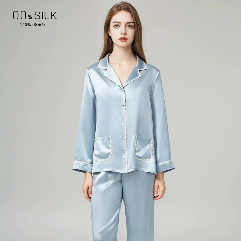 

19mm heavyweight silk pajamas for women, summer style, long-sleeve and long-pants two-piece set, 100% mulberry silk loungewear s