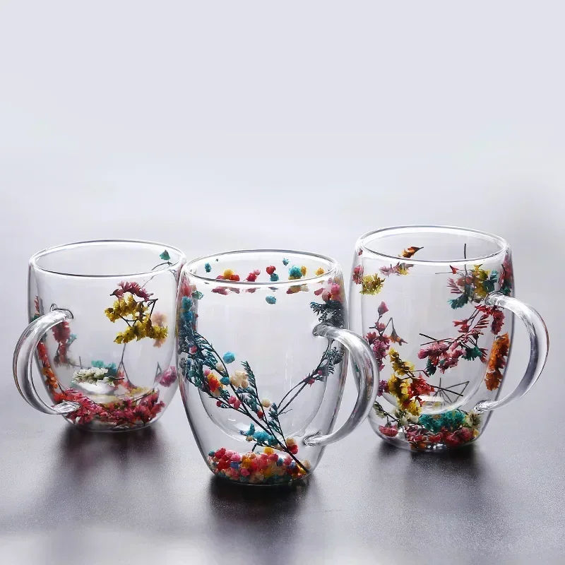 Dried Flower Double Wall Clear Glass Coffee Mugs Double Insulated Glass Cup For Hot Cold Beverages Cappuccino Latte Espresso Cup