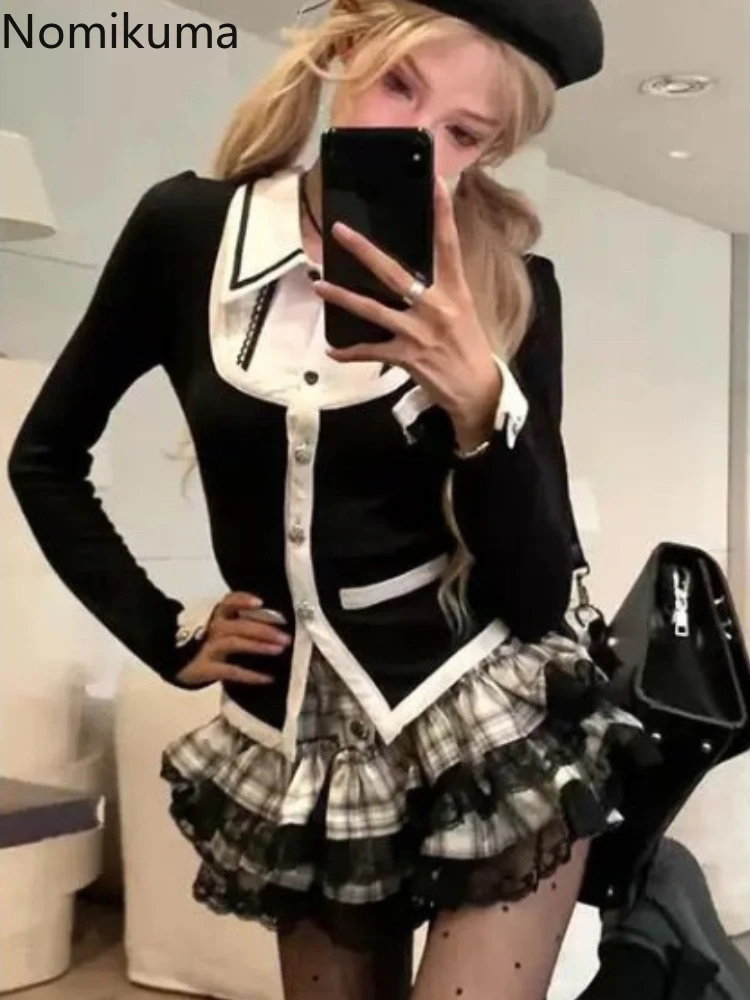 

Women Clothing Two Piece Sets Long Sleeve Tunic Fake Two Blouse High Waist A-line Mini Skirt Outfits Roupas Femme Sweet Y2k Suit