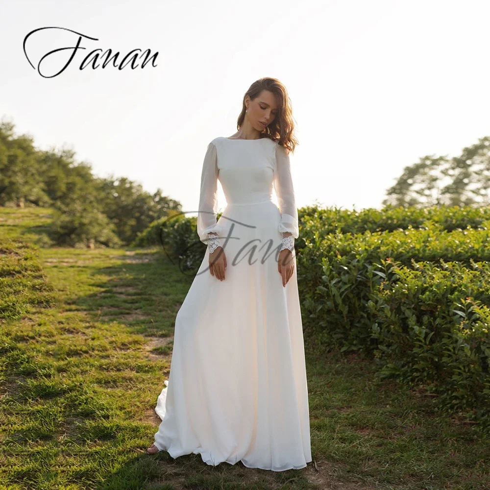 Boho o-yaka-line şifon gelinlik sırtı açık dantel aplikler uzun kollu süpürme tren gelin kıyafeti bornoz de mariée vestidos