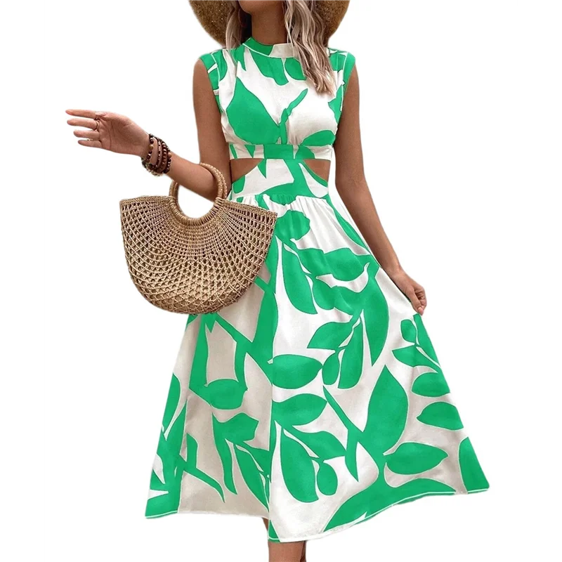 【Decoração de festa】 Vestido feminino de verão com estampa floral recorte manga morcego gola redonda evasê vestido midi de cintura alta