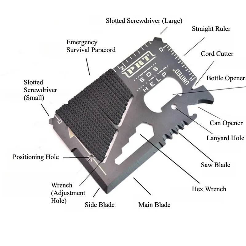 Stainless Steel Wallet Survival Card Multi Tool Credit Card Size Pocket Knife with Paracord Multifunctional Camping Gear Toolkit
