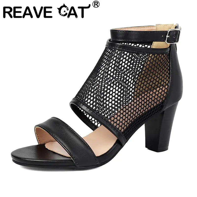 REAVE CAT White Women Sandals Peep Toe 7cm Chunky Heel Zipper Belt Buckle Breathable Sexy Dating Party Shoes Big Size 41 42 43