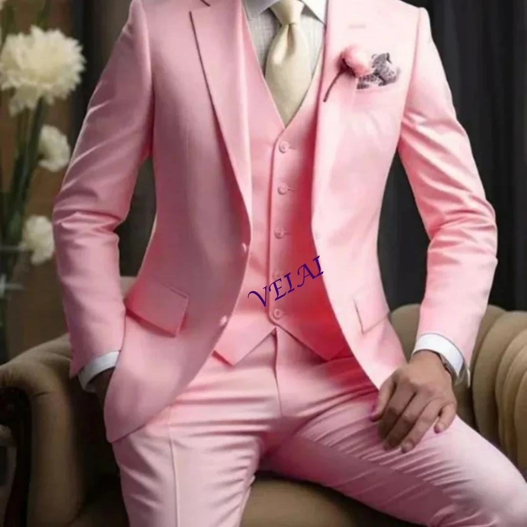 

Светло-розовый свадебный мужской костюм по индивидуальному заказу, комплект из 3 предметов, приталенный деловой пиджак с лацканами, смокинг, комплект жениха с курткой Ves