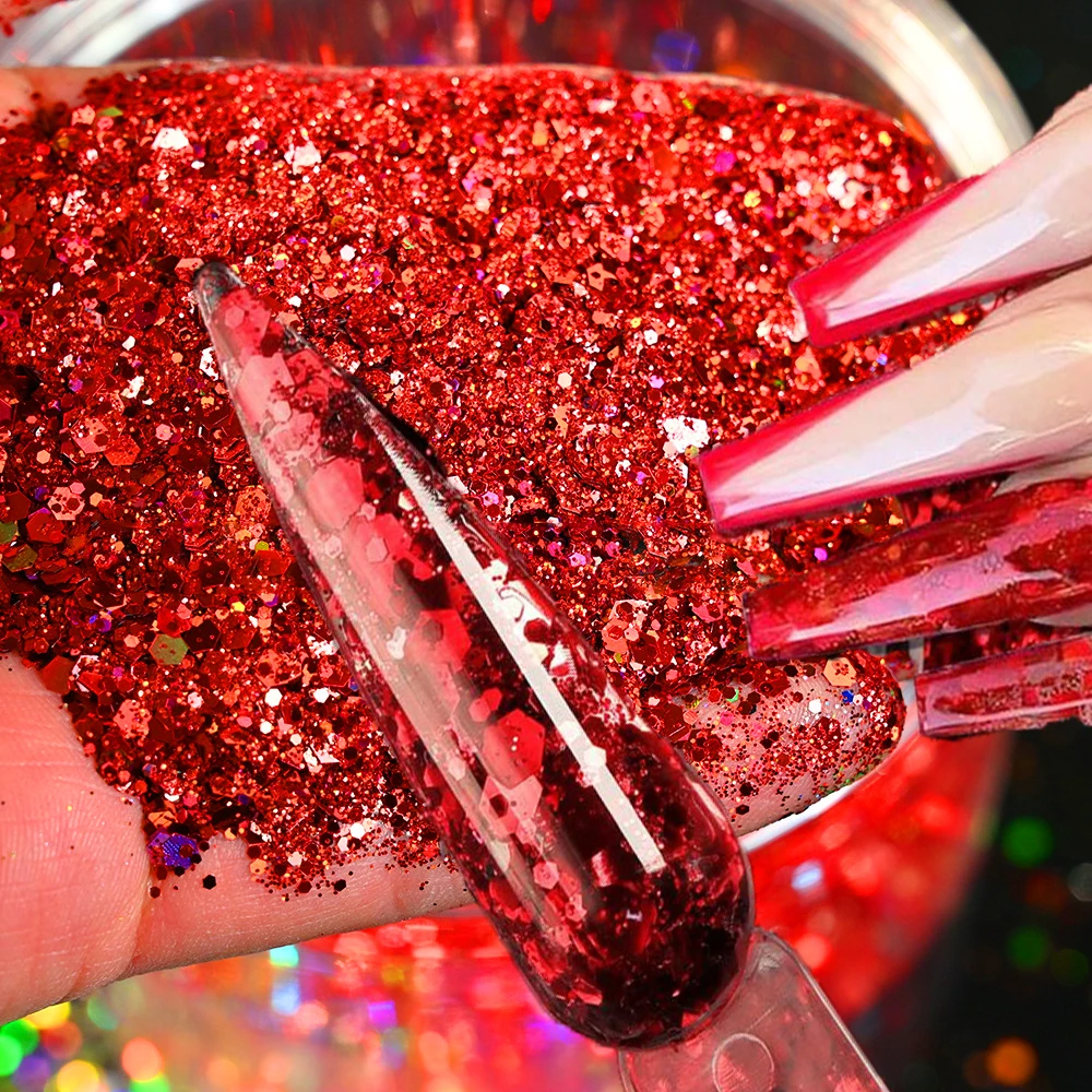 Paillettes de noël rouges à paillettes épaisses, 50g, tailles mixtes, amples, en vrac, grosses paillettes pour ongles, flocons hexagonaux holographiques & * &