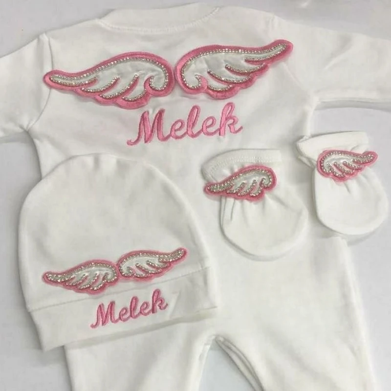 Dollbling 3pcs Embroidery Name Newborn Angle Wings Romper Blanket Nursery Bedding Swaddle Handmade Infant Outfit