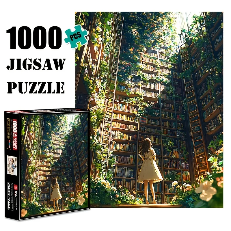 1000-teiliges Bibliotheks-Mädchen-Puzzle – großes DIY-Rätselspiel für Erwachsene, interaktives Familienpuzzle mit verschiedenen Farben,