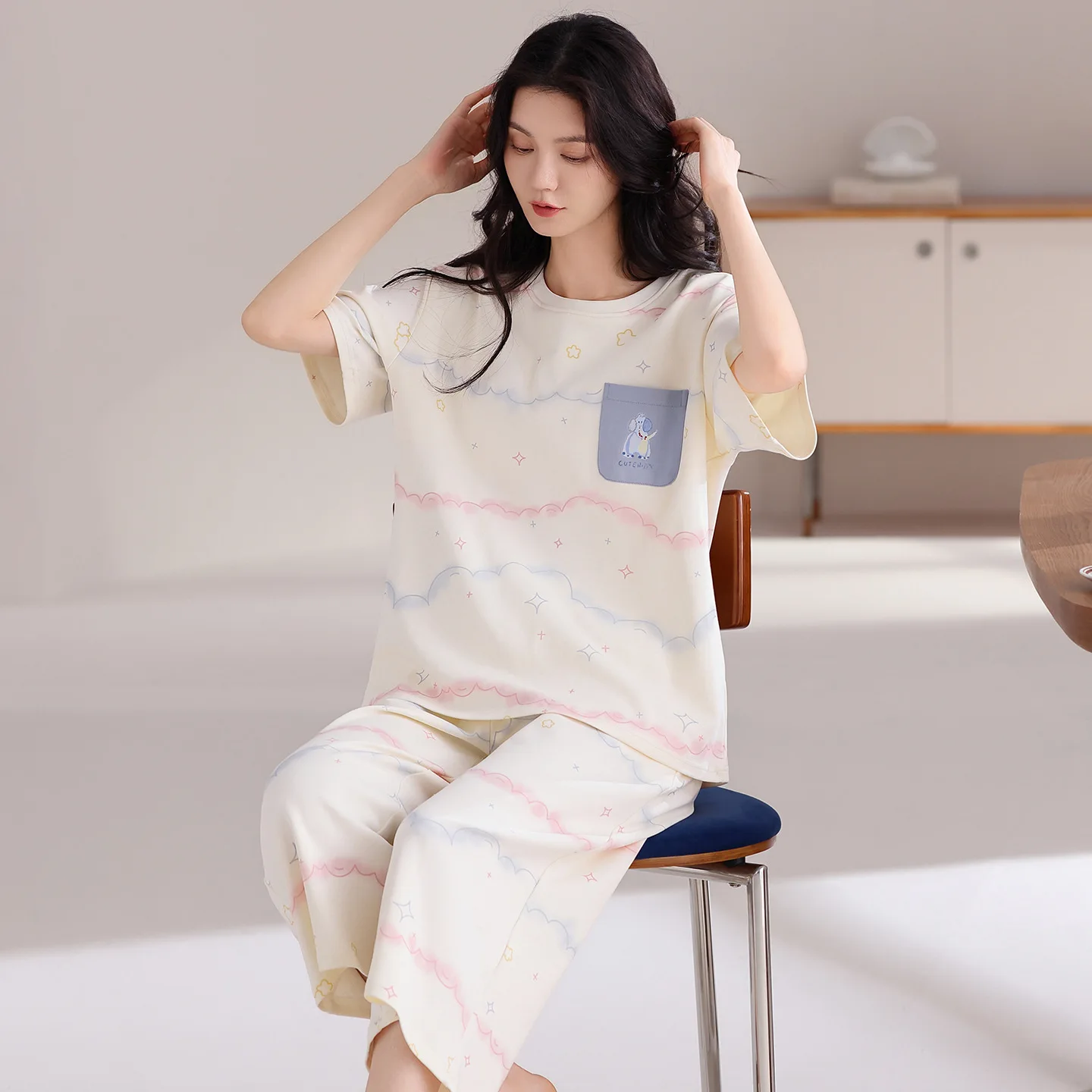Summer 2026 New Women's Pajamas 100% Cotton Short Sleeve and Capri Pants Casual Cute Cartoon Homewear Set pijama mujer