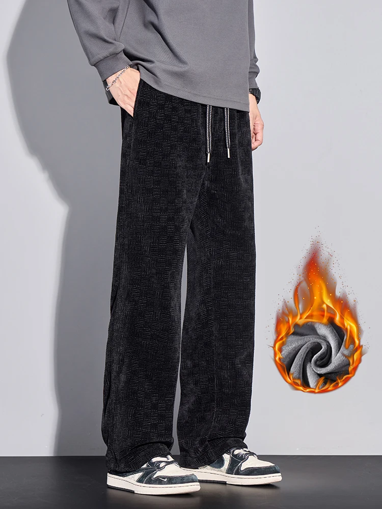 الرجال الجاكار الصوف السراويل الشتاء موضة مستقيم سميكة فضفاضة المخملية Sweatpants الذكور عادية واسعة مرونة الخصر بنطلون #4