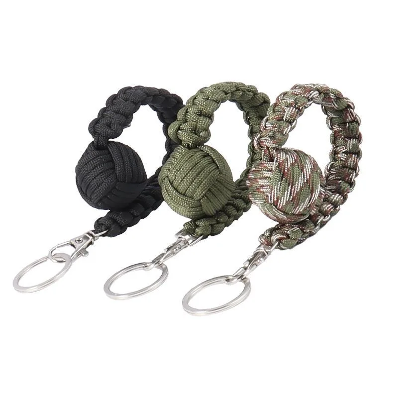Tactical Self Defense Paracord Keychain Monkey Fist Steel Ball Parachute Cord Braided Outdoor Survival Tools For Camping Hiking