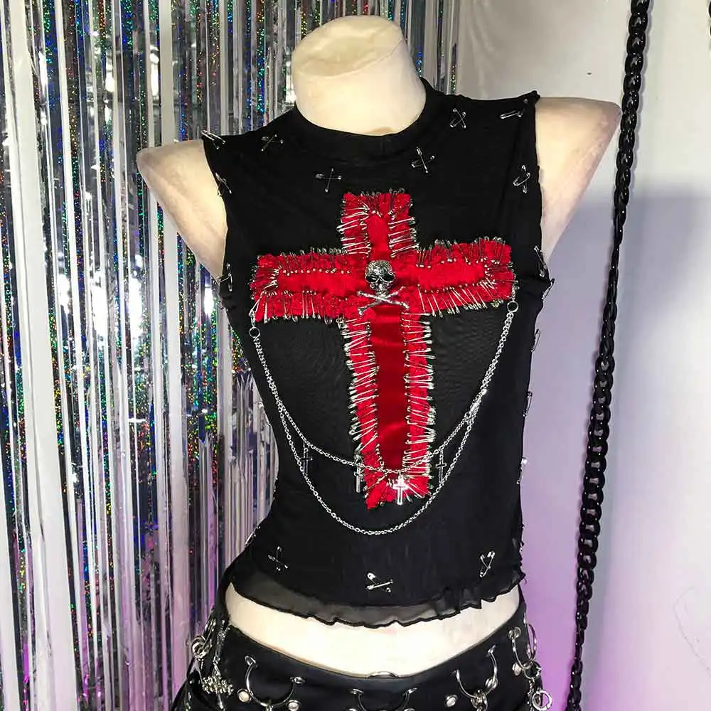 

Gothic Tank Punk Rock Goth Eco 2025 Teen Grunge Hand Made Rave Outfits E-Girls Emo 90s Kawaii DIY Pin Harajuku Cross Y2K TOPS
