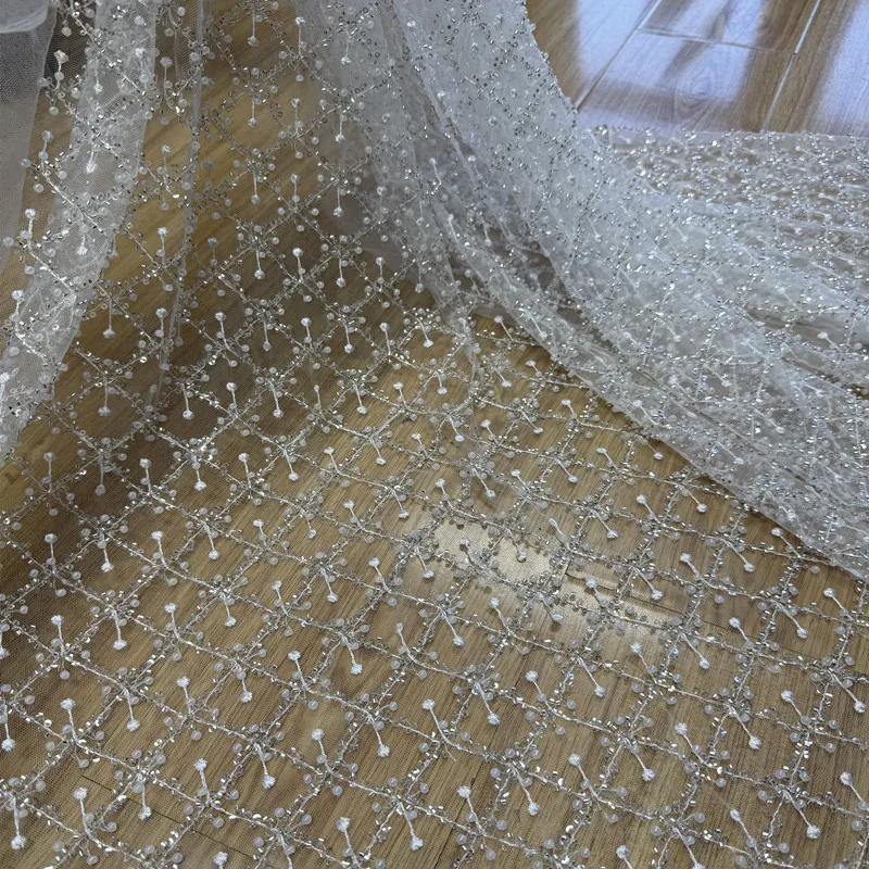 New Lace Embroidery with Crystal Sequins and Small Pearl for Heavy Duty Wedding Dresses and Gowns Fabric in Clothing Accessories