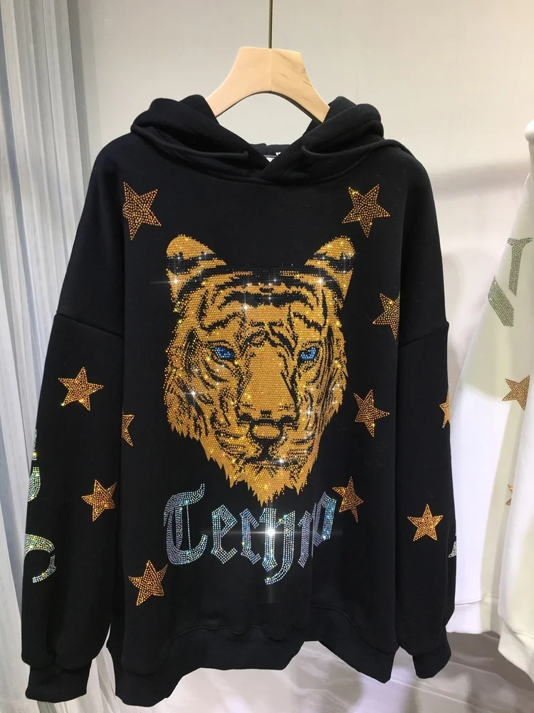 Sparkling Hot Luxury Drilling Tiger Red Sweatshirt Women Loose Hooded Pullovers Top Streetwear Thickened Fleece Sweaters 3 Color