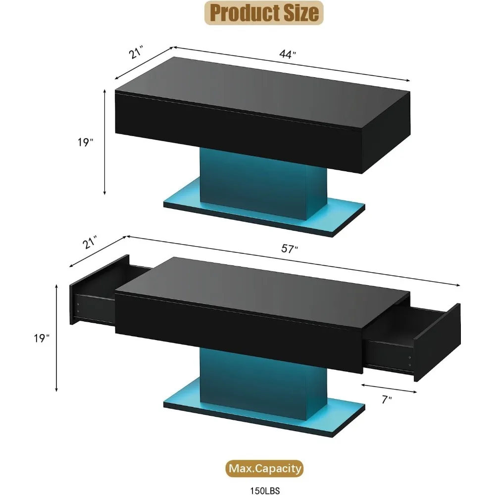 Modern Rectangular High Gloss Coffee Table with Storage Drawers for Living Room, Sleek Center Table in Black Finish