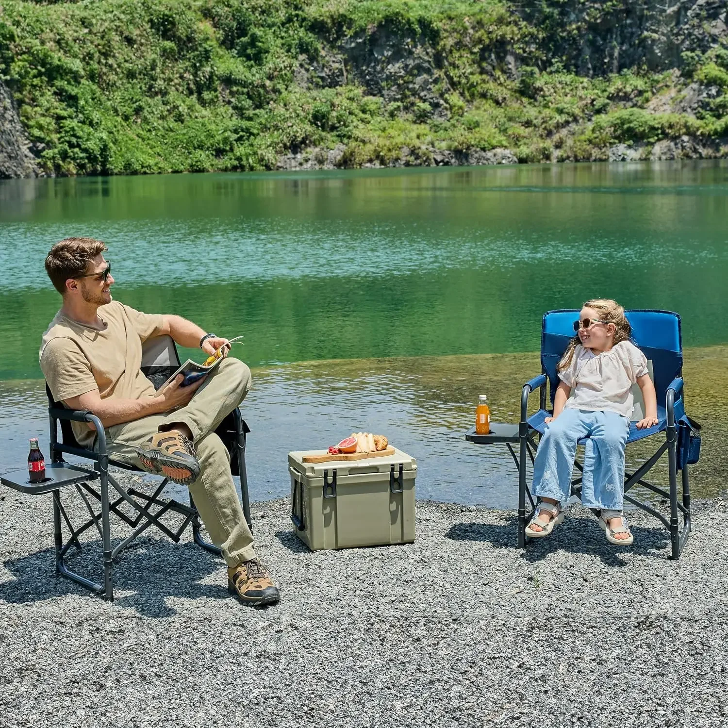 2 Pack Camping Chairs for Adults Directors Chair with Side Table, 1-Step Setup, Mesh Backrest Folding Lawn Chairs with Pocket