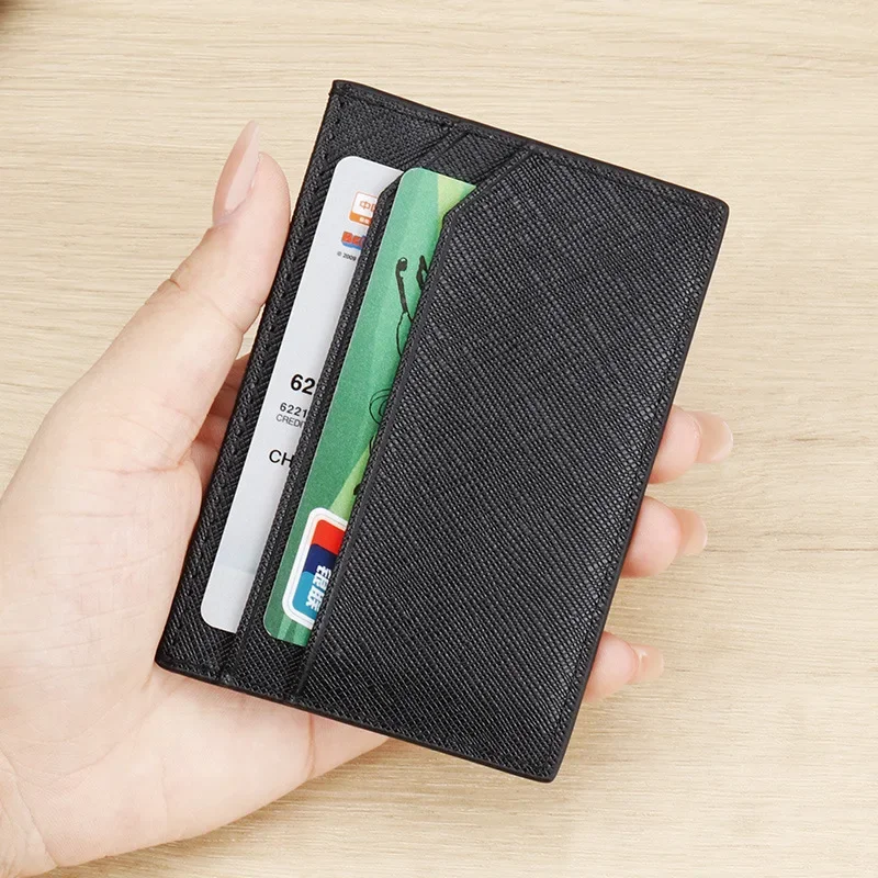 Men Slim Credit Card Holder Genuine Leather Cross Pattern Card Wallet Thin Money Holder Mini Small ID Card Case Male Small Purse