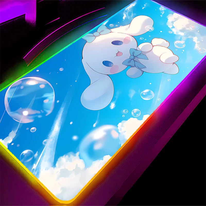 LED Mouse Pad Cinnamoroll Backlight For Best Gift Gamer Gaming Accessories Speed Keyboard Rubber Lock Edge RGB Desk Mat Laptop