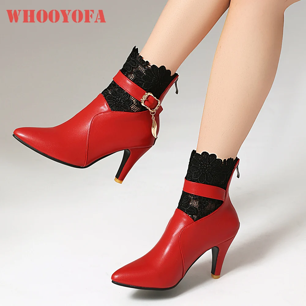 

2025 New Winter Fashion Red Black Women Ankle Boots Pointed Toe High Heel Lady Party Shoes Plus Big Size 10 43 45 47