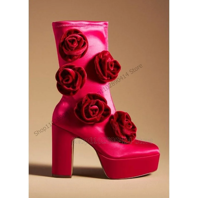 Rose Red Corduroy Appliques Decor Platform Boots Slip On Women Shoes Chunky High Heels Fashion Party 2023 Zapatos Para Mujere