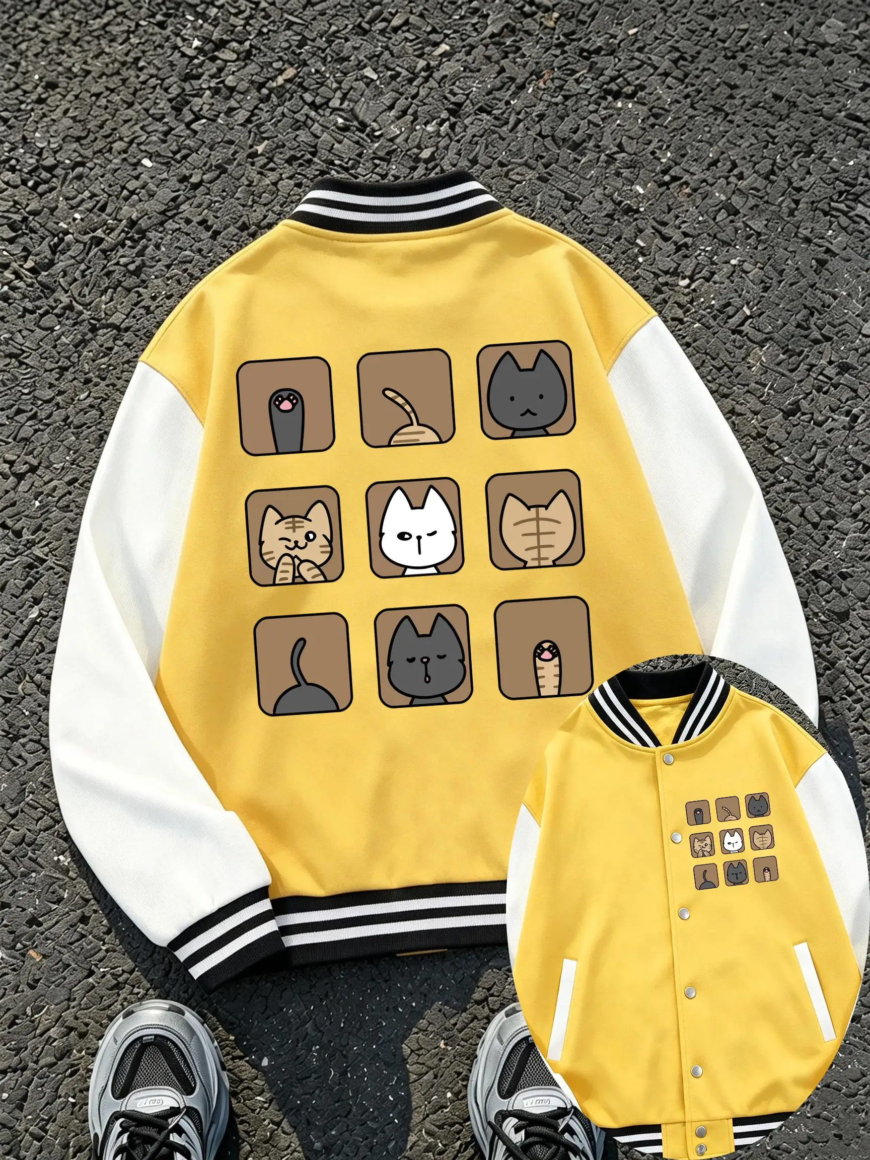Nine Space Cartoon Cat Print Men'S American Jacket All-Match Cotton Baseball Uniform Vintage Colorful Clothes Autumn Loose Coat