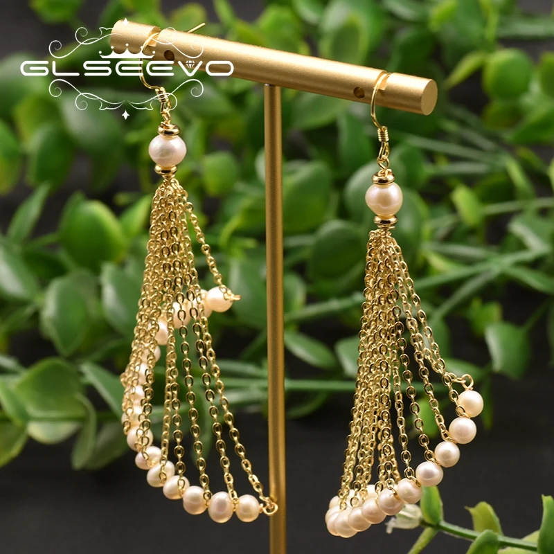 GLSEEVO 100% Natural Fresh Water Pearls Drop Long Earrings For Women Girl Minimalist Pendientes Handmade Luxury Jewelry GE0894