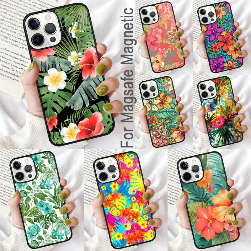 Tropical aloha Hibiscus Pattern Magnetic Soft Phone Case for iPhone 16 Promax 15 Pro 13 14 Plus 11 12 Mini MagSafe Coque