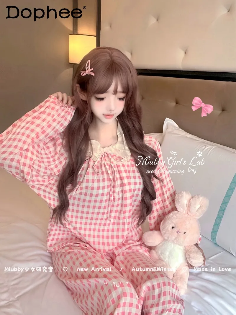 

Корейская весна-осень 2023, новая милая клетчатая кружевная пижама с кукольным воротником и длинными рукавами для девочек, японский стиль, повседневный комплект домашней одежды