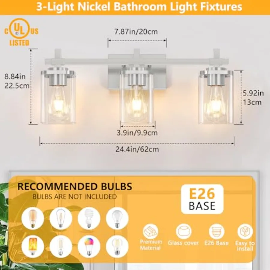 Brushed Nickel Bathroom Light Fixtures, Bathroom Vanity Light with Glass Shades, Modern Vanity Lights for Mirror, Wall Lights f view 2