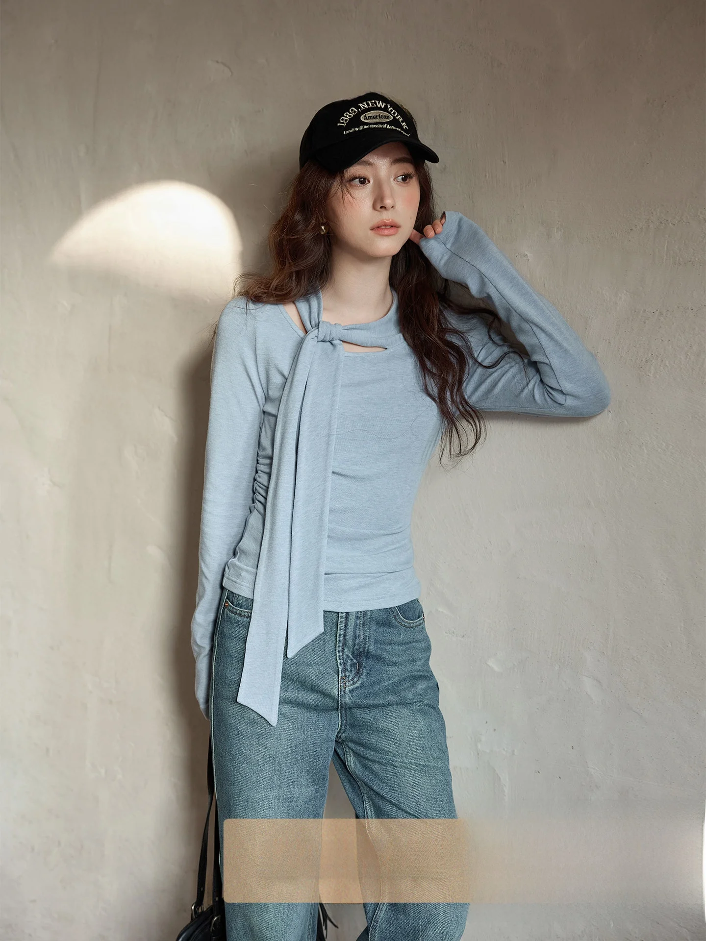 

Ele Blue Long Sve T-irt with Sa Slim Fit Spring 2026 New Arrival Korean Sle Women's Top Cotton Polyester Blend