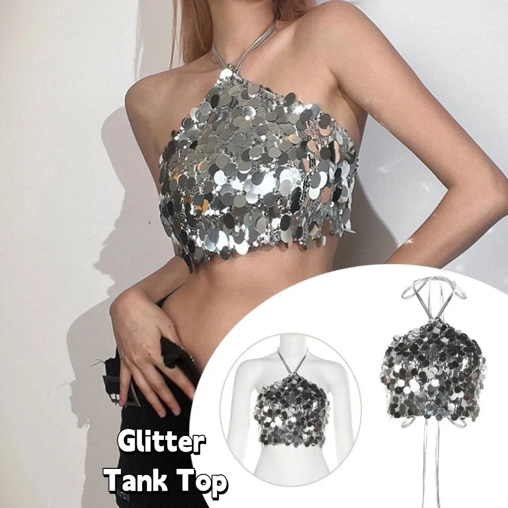

Punk Short Glitter Tank Top Beachwear Spicy Girl Style Silver Sequin Camisole Sleeveless Ins Style Women's Lace-Up Vest Lady