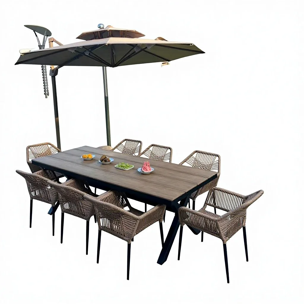 

# Design Three-Piece Outdoor Rattan Table and Chair Set with Metal Frame Umbrella for Patio Balcony Garden Leisure