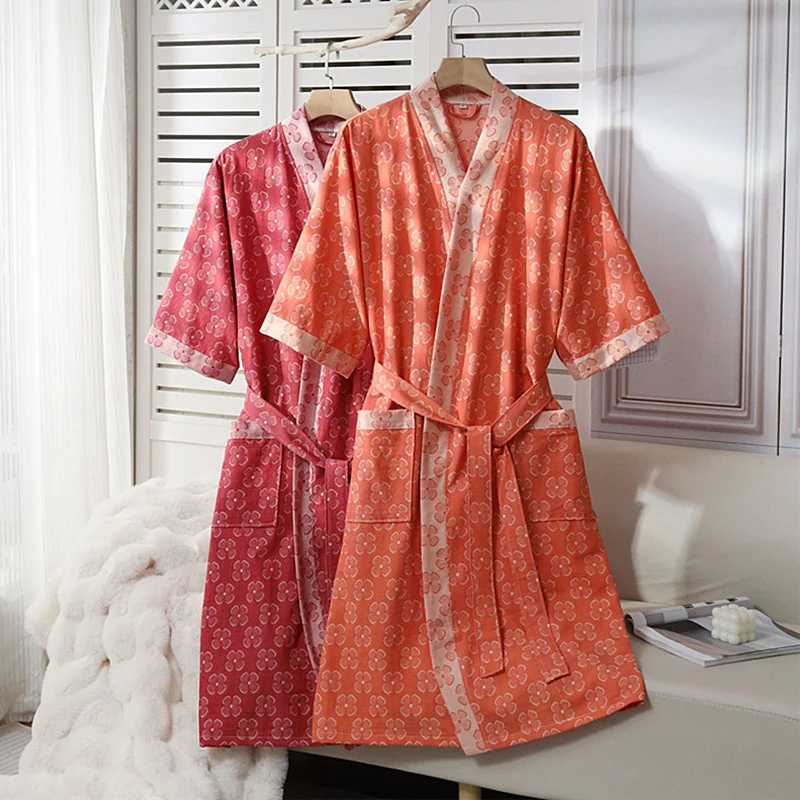 

100% Cotton Women's Pajamas New 3/4 Sleeve Wedding Dresses Printed Sleeping Robe Ladies' Home Wear Bathrobes Woman Shower Robe