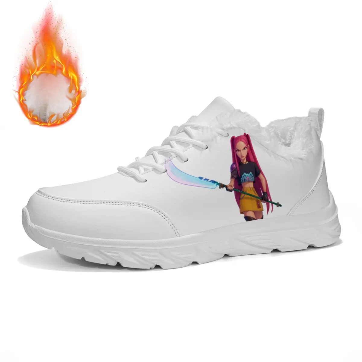 Sepatu Pria Sepatu Kets Berlapis Bulu Putih Modis dengan Pola Gadis Anime Sepatu Lari Pria Sepatu Flat Latihan Jalan Luar Ruangan