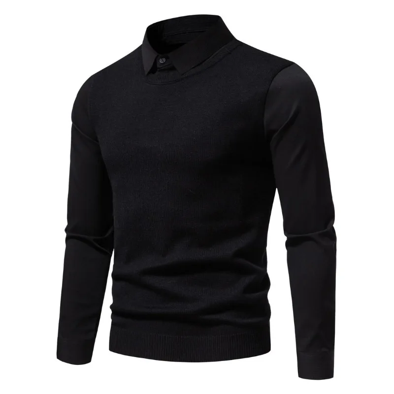 Men's Solid-color Sleeve Shirt Collar Fake Two-piece Slim-fit Sweater Bottoming Shirt Light Business Knitted Sweater M3