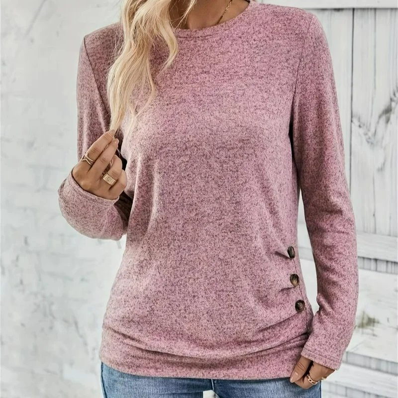 Button Decor Ruched T-Shirt Casual Long Sleeve Top for Spring & Fall Women's Clothing