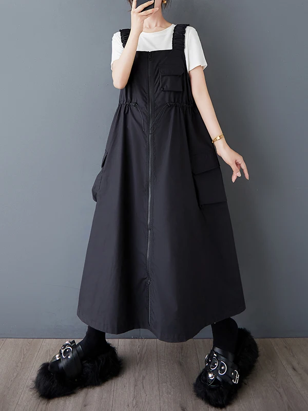 Slimming Design Drawstring Zipper Women's Dress Casual Loose Elastic Vest Skirt A-Line Summer Dresses Ladies Fashion
