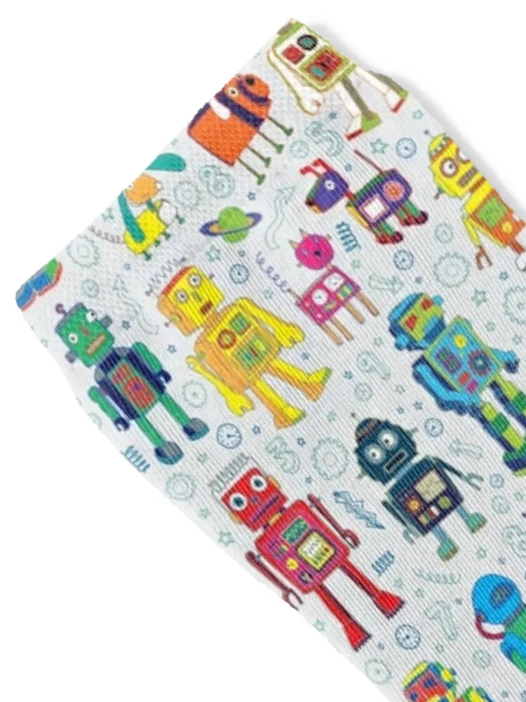 Robots in Space - grey - Small scale - fun Robot pattern by Cecca Designs Socks short aesthetic Argentina Boy Socks Women's