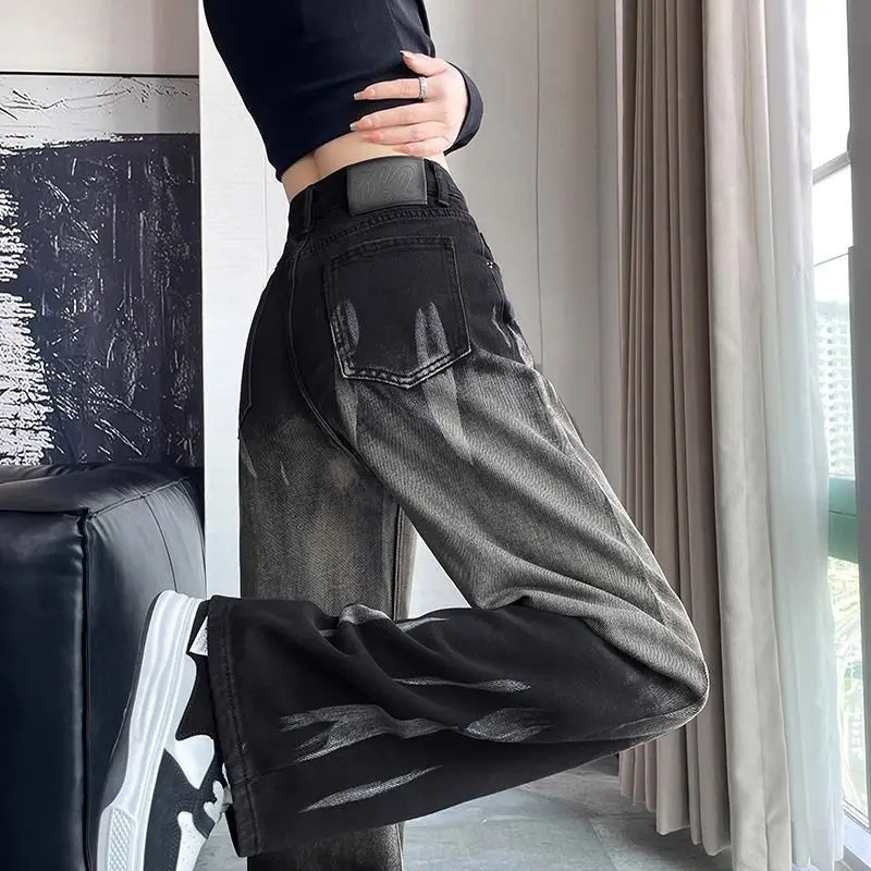 

Retro Black Tie Dye Design Thicken Denim Pants Women High Waist Wide Leg Straight Jean Trousers 2025 Trend Daily Versatile Pants