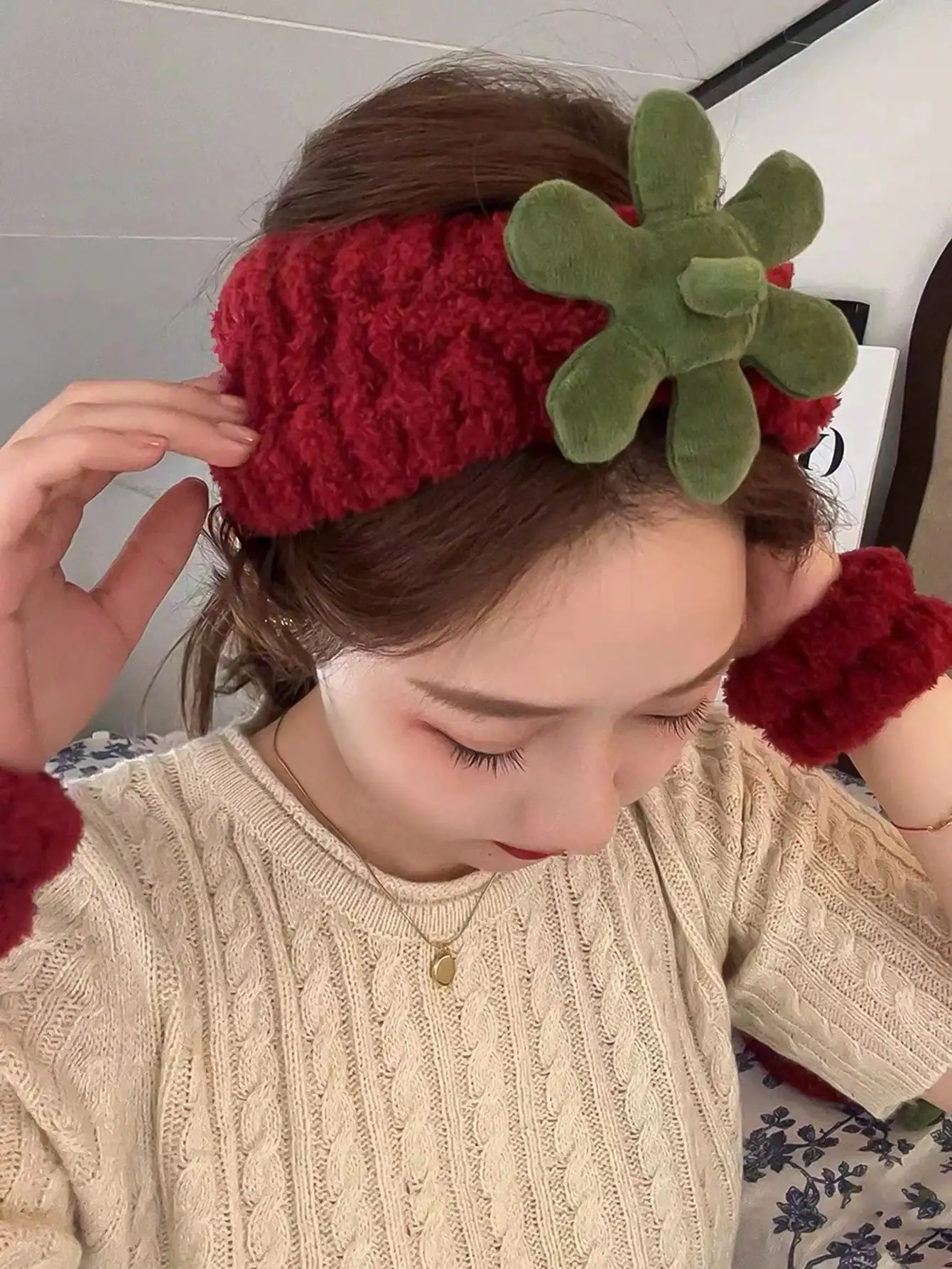 3Pcs Red Strawberry Headbands And Wristbands Set Cute Padded Soft Terry Cloth Hair Accessories for Women Girls Skincare Hairband