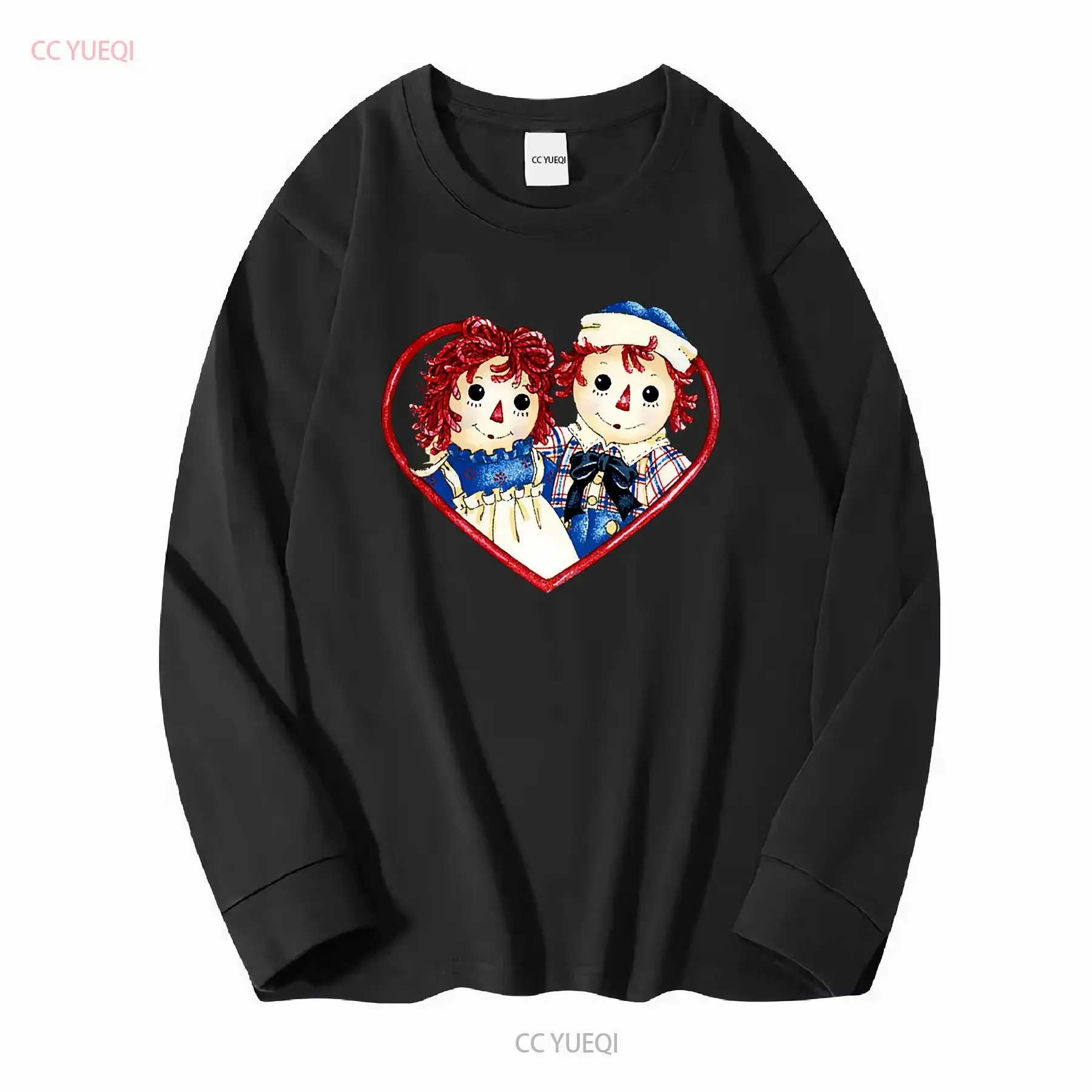 تي شيرت Raggedy Ann and Andy Dolls Vintage Heart Jersey بأكمام طويلة أو قصيرة ملابس كلاسيكية مغسولة قليلاً للجنسين