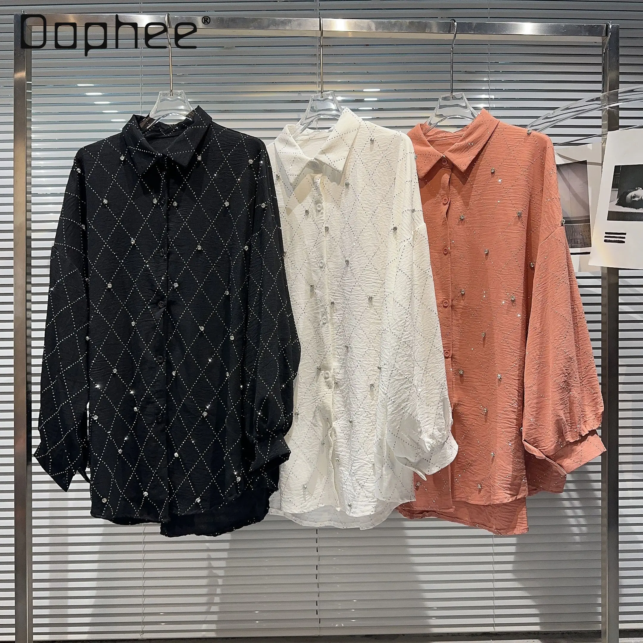 

Casual Diamonds Lattice Rhinestone Blouse Woman 2024 Spring and Autumn New Socialite Loose Polo Neck Long Sleeve Shirt for Women