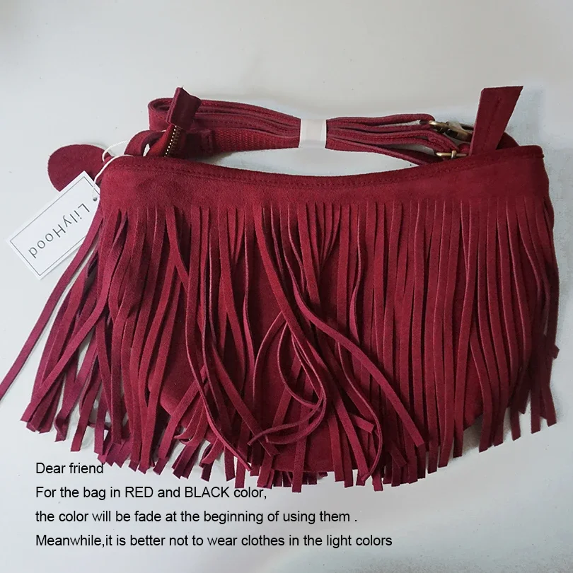 Women Genuine Leather Suede Fringed Shoulder Bag Fashion Street Boho Hippie Gypsy Gothic Ibiza Soft Pouch Side Sling Bag