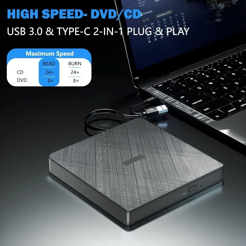 External CD Drive USB 3.0 & Type-C Portable CD DVD Burner +/-RW DVD Player for Laptop Compatible with Windows 7/8/10/11 Linux OS