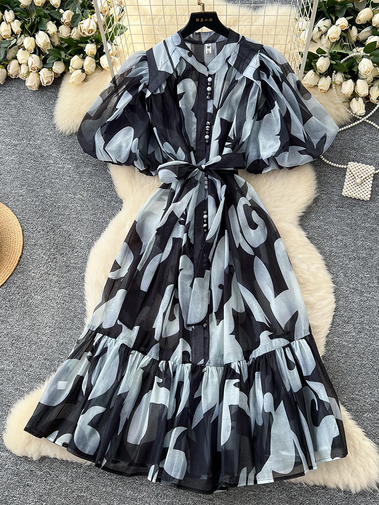 หรูหรายุโรป High-end พิมพ์แขนฟองชุดผู้หญิงฤดูร้อนสายรัดเอว Cinching Elegant Party Dress S77