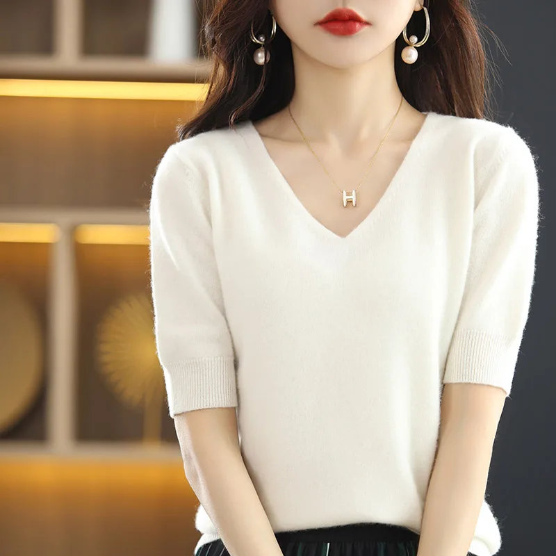 Hot Sale 100% Wool Cashmere Women\'s Sweaters And Pullovers Autumn Female V-Neck Clothing Short SLeeve Soft Jumper Tops Spring