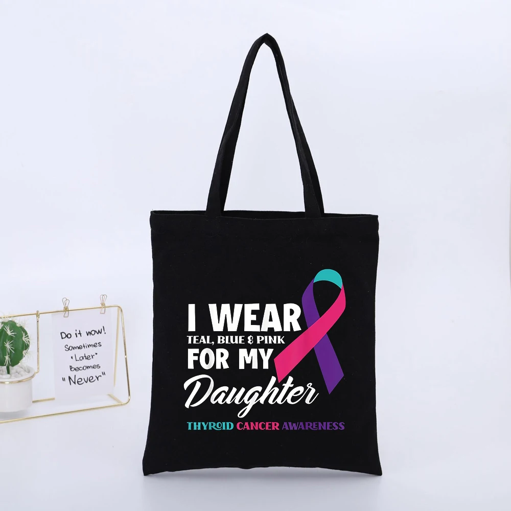 I WEAR TEAL, BLUE & PINK FOR MY Daughter Slogan-style Canvas Tote Bag with Letter Print, Casual Daily Shopping Bag